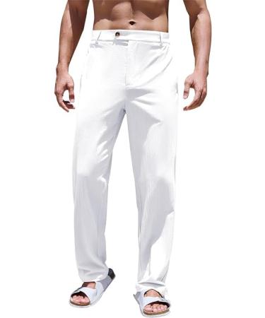 Runcati Men's Linen Pants Long Lightweight Cotton Pants Loose Fit Summer Pants Casual Leisure Pants Summer Beach Pants Yoga White L