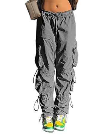 Women's Baggy Cargo Pants Drawstring Elastic Waist Ruched Hiking Pants Parachute Pants for Women Hippie Lounge Pant A Grey Small