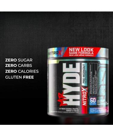 Hyde-Nitro X Pre-Workout Powder | Extreme Energy Pumps Power & Focus | High Stimulant Pre-Workout | 400mg Caffeine 1g Creatine HCL Teacrine & Nitrosigine | 60 Servings (Blue Razz Popsicle) Blue Razz Popsicle 60 Servings - Buy Online on SooperMarket.com