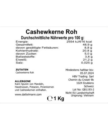 Buy 1kg Natural Cashew Nuts - Unsalted Vegan Snack | Dattelmann Roasted Cashew Kernels - Buy Online on SooperMarket.com