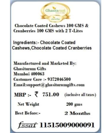 Jaiccha Ghasitaram Diwali Gifts Chocolate - Chocolate Coated Cashews 100 GMS and Cranberries 100 GMS with 2 T-Lites - Buy Online on SooperMarket.com