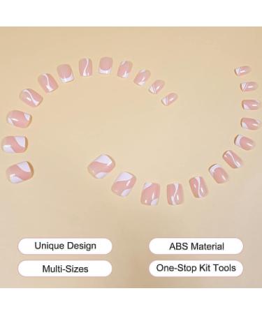 24Pcs Short Square French Press on Nails - White Swirl Design False Nails for Women & Girls - Buy Online on SooperMarket.com