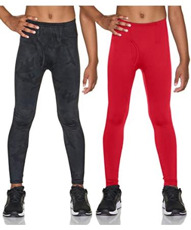 TSLA 1 or 2 Pack Kid's & Boys & Girls Thermal Compression Pants, Athletic Sports Leggings & Running Tights Bottoms Winter Fly-front 2p Red/ Woodland Slash Black 8