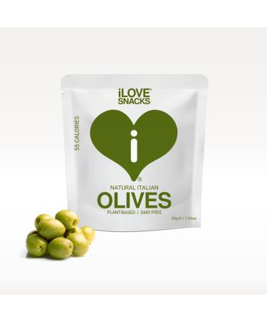 iLOVE SNACKS - Natural Italian Olives Gluten-Free Plant-Based Vegetarian GMO Free Palm Oil Free No Preservatives Low Calorie Healthy Snack Italian Snacks Pitted Olives All Natural 15 x 30g