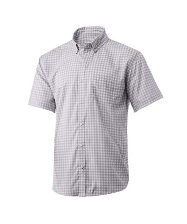 HUK Men's Teaser Short Sleeve Fishing Button Down Shirt +UPF Lavender Blue Gingham Small