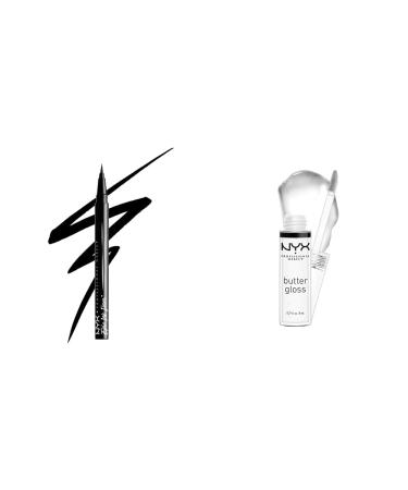 NYX PROFESSIONAL MAKEUP Epic Ink Liner Waterproof Liquid Eyeliner - Black Vegan Formula & Butter Gloss Non-Sticky Lip Gloss - Sugar Glass (Clear) 1 Count (Pack of 1) Black Ink Liner + Lip Gloss