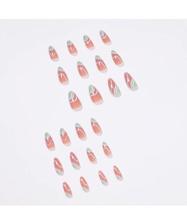 RikView Medium French Fake Nails Almond Green & White Swirls Design - Acrylic Nail Set - Buy Online on SooperMarket.com