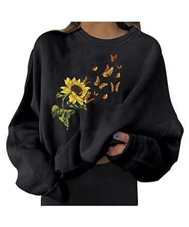 IFOTIME Womens Aesthetic Butterfly Print Sweatshirt Pullover Casual Oversize Graphic Shirts Crewneck Long Sleeve Tops Db39 Black X-Large