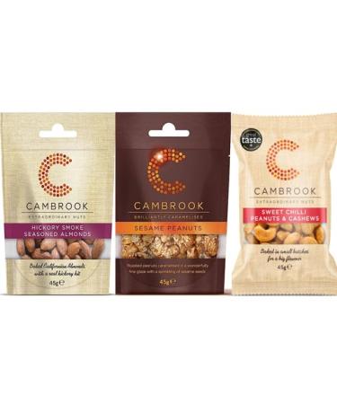 Cambrook | Almonds Hickory Smoke Seasoned 45g | Peanuts Caramelised Sesame Seeds 45g | Sweet Chilli Peanuts & Cashews 45g by Food Sanctuary