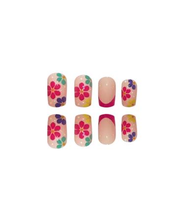 24 Pcs Medium Square French Fake Nails | Acrylic Colorful Flower Designs | Glossy Full Cover False Nails | Manicure Decorations for Women and Girls - Buy Online on SooperMarket.com