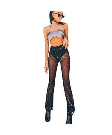 Women Rave Mesh Sheer Pants Flared Bell Bottom Pants for Dance Festival Clubwear Medium Black