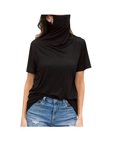 WUAI-Women Mask Short Sleeve T Shirts Plus Size Casual Loose Round Neck Face Mask Top Blouse Tee Shirt Black X-Large