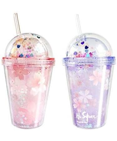 Cherry Blossoms Pink Floral Girl Cup with Straw - Reusable Travel Tumbler (290ml) | Ice Coffee Mug | Plastic Party Cup | Gift Idea - Buy Online on SooperMarket.com