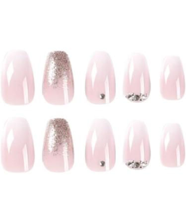 Justotry Glitter Fake Nails - 24 pcs Medium Peach Pink French Press On Nails with Jewels | Ballerina Long Stick On Nails for Women | Acrylic Coffin False Nails with Glue for Nail Art - Buy Online on SooperMarket.com