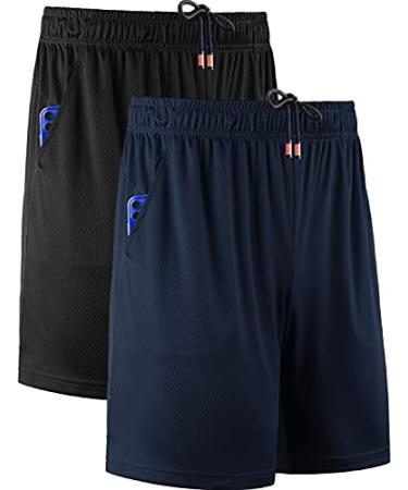 NELEUS Men's 7 inch Running Shorts Athletic Gym Workout Shorts with Pockets Large Q6001# 2 Pack black/Navy Blue