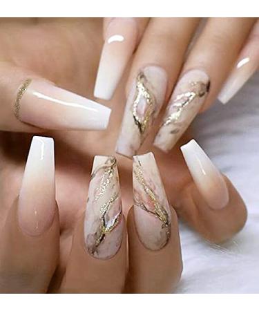 Brishow artificial nails long nails to stick on gold foils press on nails ballerina acrylic gradient false nails 24 pieces for women and girls pink 24 pieces (1 Pack)