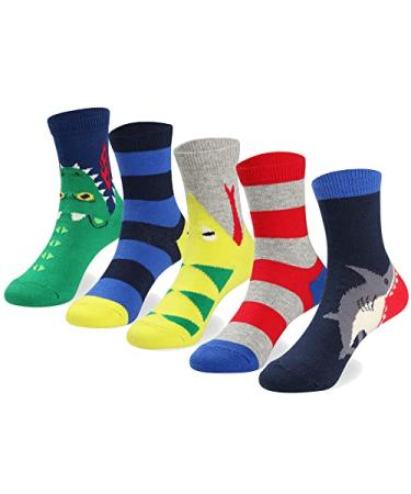 COTTON DAY Kids Boys Fun Novelty Crew Socks Colorful Pattern Design Shark Scull Robot Crocodile Shark Snake Stripes 8-10 Years