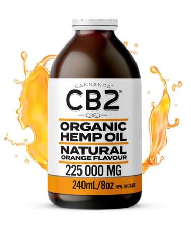 CB2 HEMP OIL - 225 000mg Extra Strength Organic / 240mL / 8oz | Pain Relief Anti-Inflammatory Stress & Tension Relief Enhanced Sleep | Natural Orange Flavor Omega 3 GLA | Certified Organic Non-GMO | Made in Canada