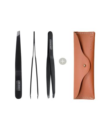 Tweezer LUCANUS PICK ME Tweezers 1pcs with Leather Case - Slant Tip Professional Stainless Steel Eyebrow Tweezers for Women & Men - Ultra Precision on Brow Facial Hair & Ingrown Hair