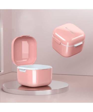 Denture Box Dental Bath with Strainer Portable False Teeth Storage Container Dual Purpose Hygienic Denture Case for Storage and Immersion of Mouthguards Retainers and Dental Appliances (Pink)