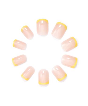 Handcess Short Shiny Square Artificial Nails - French Art Design in Yellow/Pink - 24 Press-On Nails for Women & Girls - Buy Online on SooperMarket.com