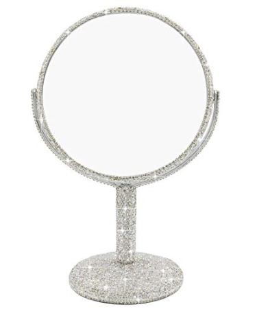 Bestbling Bling Rhinestone Portable Magnified Double Sided Swivel Makeup Vanity Mirror  360 Rotate Makeup Mirror Round Shaped Two-Sided Makeup Mirror (Silver)