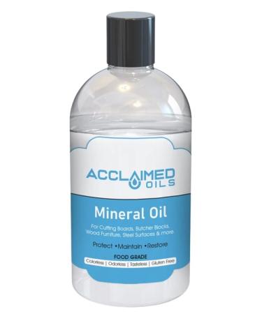 Acclaimed Oils Food Grade Mineral Oil - Conditioner Mineral Oil For Cutting Board, Wooden Utensils, Bamboo Products, Marble, Soapstone, Countertop, Butcher's Block - Odorless, Made in USA -12 Fl Oz