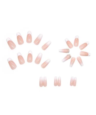 RikView French Tip Press on Nails: Long Coffin White Acrylic Nails with Rhinestones - Buy Online on SooperMarket.com