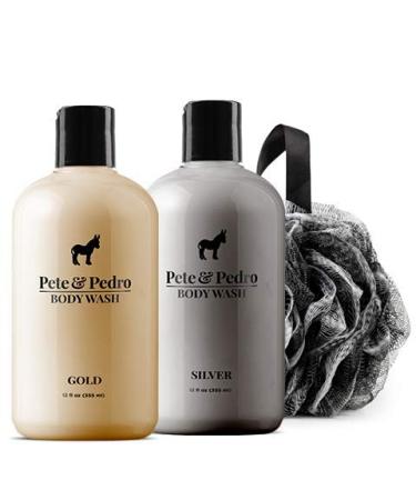 Pete & Pedro GOLD & SILVER BODY WASH SET - Men's Premium Leather and Fresh Cool Water Scented Moisturizing Bodywashes  Includes A Loofah | As Seen on Shark Tank  12 oz. Each e) Gold & Silver Body Wash Set