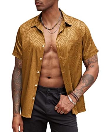 COOFANDY Men's Summer Shirts Short Sleeve Silk Satin Jacquard Shirts Casual Button Down Beach Shirt XX-Large 02 Golden Yellow