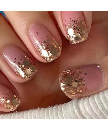 RikView Press on Nails Short Fake Nails Pink Nails Clear Square Acrylic Nails with Sequins Short Square Pink