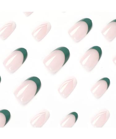 24Pc Short Glossy Almond Design Press on Nails - French Green False Nails Kit with Glue - Oval Green White Nail Tips - Buy Online on SooperMarket.com