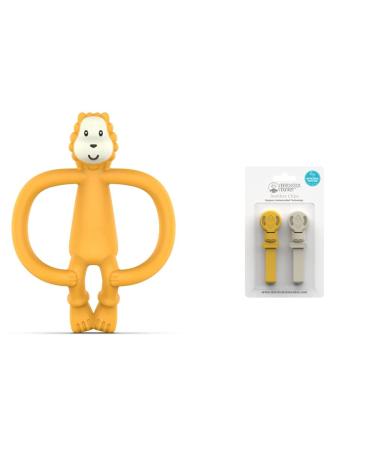 Matchstick Monkey Teether & Gel Applicator (11 cm Ludo Lion) With 2 Soother/Teether Clips (19 cm Yellow and Beige) Easy To Grip Antimicrobial Silicone BPA Free 3 Months Old+ Ludo Lion Bundle 3 Months Old+ 1 Animal Teether + 2 Teether Clips