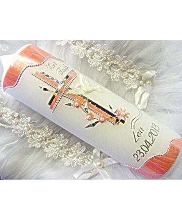 Baptism & Communion Candle for Boys & Girls | Kerzenzauber Lusine 250/70 mm VT-12 | White-Pink | Self-Labeling Accessories - Buy Online on SooperMarket.com