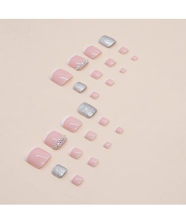 French Sparkling Rhinestone Fake Toe Nails Set - 24PCS Full Cover Short Square Press-on Toenails with Glue Sticker and File - Perfect for Women, Teens, and Girls - Buy Online on SooperMarket.com