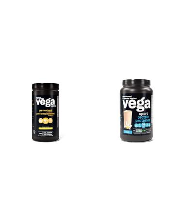 Vega Sport Pre-Workout Energizer Lemon Lime (30 Servings) & Sport Protein Vegan Protein Powder Vanilla (20 Servings) BCAAs Amino Acid Lemon Lime + Vanilla 540 g (Pack of 1)