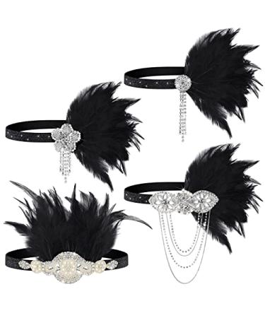 Patelai 4 Pcs Halloween Vintage 1920s Flapper Headband Rhinestone Flapper Headpiece Roaring 20s Accessories for Women Black Feather Headpiece Hair Accessories