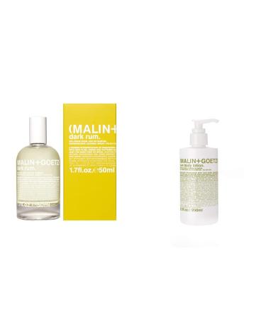 Malin + Goetz Bundle of Dark Rum Eau De Parfum and Rum Hand + Body Wash 8.5 Fl oz Dark & Spicy Aroma Fragrance Scent and Rum soothing hydrating lotion Natural ingredients
