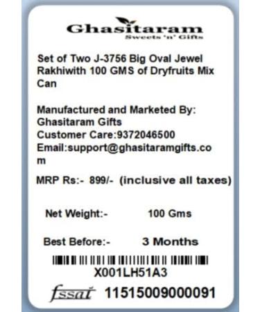 Ghasitaram Gifts Rakhis Online Set of Two J-3756 Big Oval Jewel Rakhiwith 100 GMS of Dryfruits Mix Can 2 Rakhi with 100 gms of Dryfruits Mix Can - Buy Online on SooperMarket.com