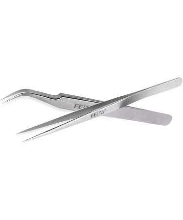 FEITA Pro Eyelash Extension Tweezer Set - Straight & Curved Pointy Precision Fine Tip Tweezers - Silver (2Pcs) - Buy Online on SooperMarket.com