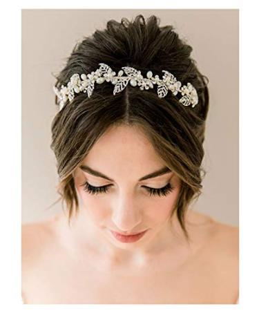 SWEETV Pearl Bridal Headband Silver Tiara for Bride Headpiece Crystal Leaf Wedding Hair Accessories Jewelry Tiaras for Women