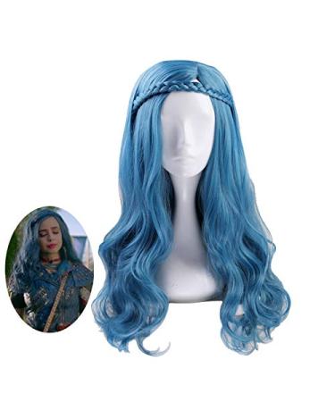 Descendants 2 Evie Cabelo Wigs Side Part Braided Blue Long Wavy Heat Resistant Synthetic Hair Wigs + Wig Cap