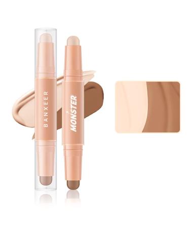 Double headed Cream Contour Stick Bronzer Stick Contour Long Lasting 2 in 1 Effect Highlight Stick Contouring Stick Concealer Brighten Waterproof Contour Makeup Kit for Light Skin Body Face Makeup (Nature Color) 01 Natu...