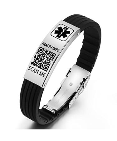 Theluckytag Medical Bracelets with QR Code for Men Women Sport Outdoor - Silicone Waterproof Wristband Fits Wrists Up to 9 inches - More Space Custom Emergency Medical ID Alert Information Butterfly Clasp - Plus Black+Silver