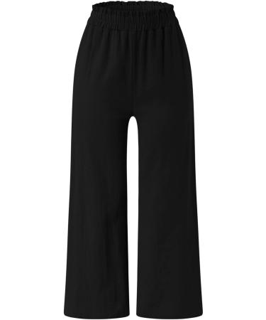 Gufesf Women's Cotton Linen Palazzo Pants - High Waisted Wide Leg Trousers with Pockets in Black (Small) - Buy Online on SooperMarket.com