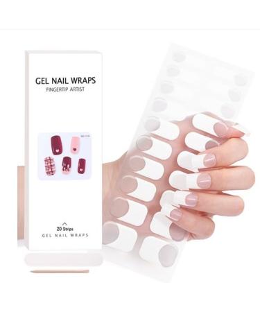Semi Cured Gel Nails Strips - Nude Pink Gel Nail Stickers Nail Wraps Soft Self-Adhesive Gel Nail Strips for Nails French Tip (White-French - BSS-0238)