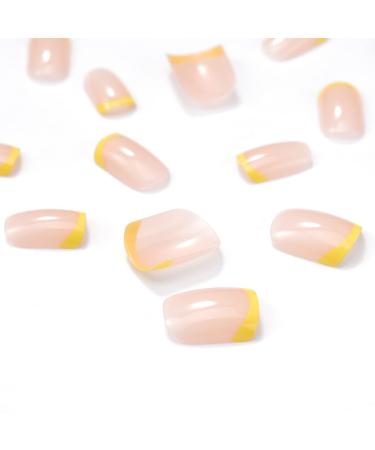 Handcess Short Shiny Square Artificial Nails - French Art Design in Yellow/Pink - 24 Press-On Nails for Women & Girls - Buy Online on SooperMarket.com