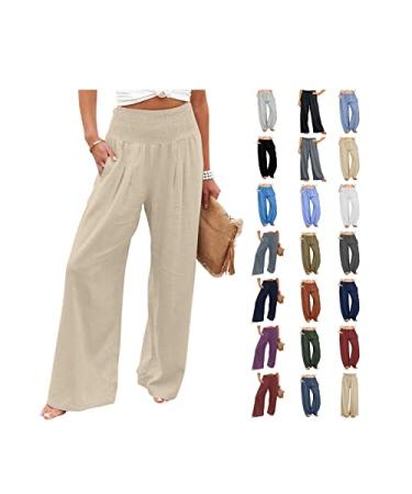 TUNUSKAT Womens Cotton Linen Wide Leg Pants Summer Casual High Waisted Palazzo Pants Baggy Lounge beach Trousers with Pocket Medium A1_khaki