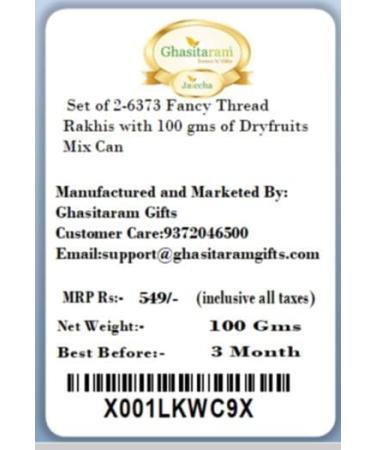 Ghasitaram Gifts Rakhi for Brother Rakhis Online - Set of 2-6373 Fancy Thread Rakhis with 100 GMS of Dryfruits Mix Can 2 Rakhi with 100 gms of Dryfruits Mix Can - Buy Online on SooperMarket.com