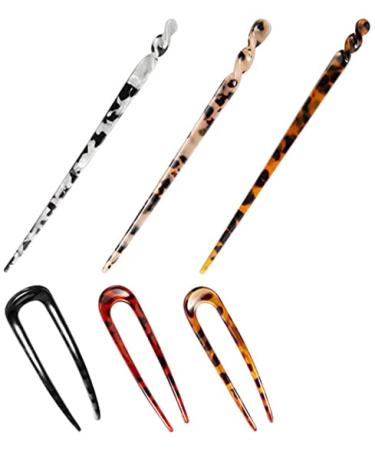 6 Pieces Hair Chopsticks for Women Acetate Hair Sticks Include Tortoise Acetate Hair Stick Leopard Hairpins U-shaped Hair Pin Vintage Hair Fork Hair Accessories for Women Girl Long Hair Styling